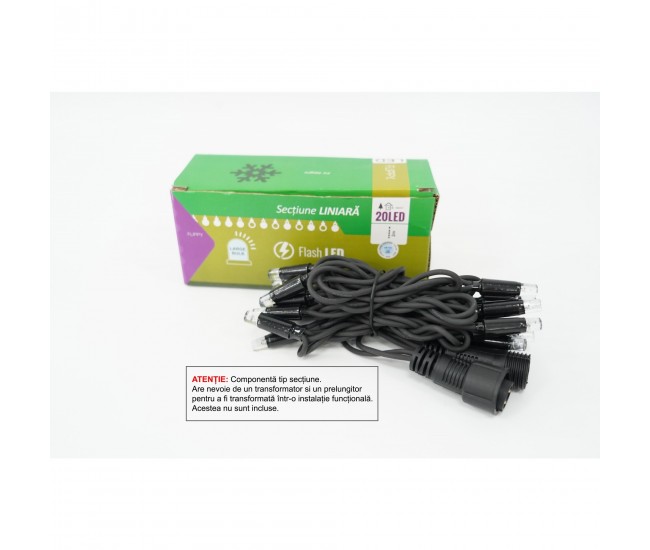 Sectiune Instalatie de Craciun Flippy Tip Liniara, cu Flash, 2 m, 20 LED-uri, Interconectabila, Fir Negru, Alb-Rece, Atentie! nu contine Alimentator Sectiune Instalatie de Craciun Flippy Tip Liniara, cu Flash, 2 m, 20 LED-uri, Interconectabila, Fir Negru, Alb-Rece, Atentie! nu contine Alimentator