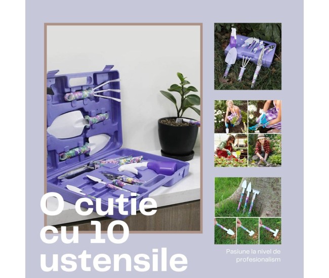 Set 10 accesorii pentru gradinarit Flippy, geanta depozitare inclusa, otel inoxidabil, 37 x 28 cm, mov
