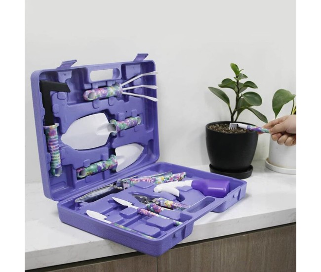 Set 10 accesorii pentru gradinarit Flippy, geanta depozitare inclusa, otel inoxidabil, 37 x 28 cm, mov