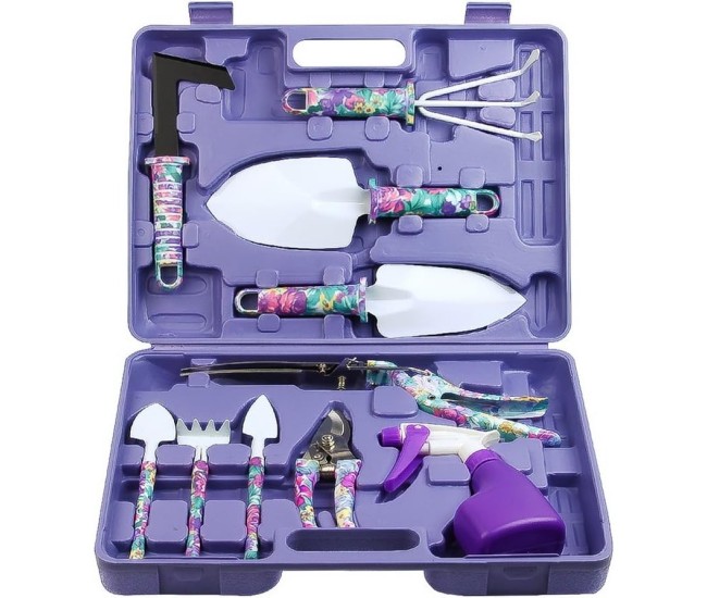 Set 10 accesorii pentru gradinarit Flippy, geanta depozitare inclusa, otel inoxidabil, 37 x 28 cm, mov