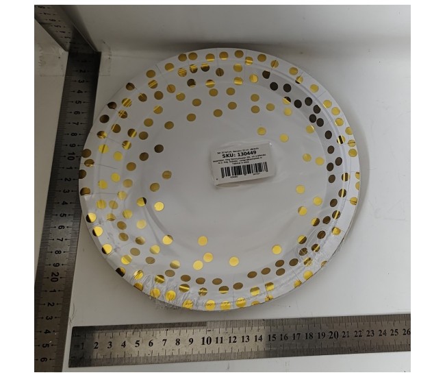 Set 10 Farfurii Unica Folosinta, Flippy, Imprimeu cu Buline, din Carton, Diametru 23 cm, Alb/Auriu Set 10 Farfurii Unica Folosinta, Flippy, Imprimeu cu Buline, din Carton, Diametru 23 cm, Alb/Auriu