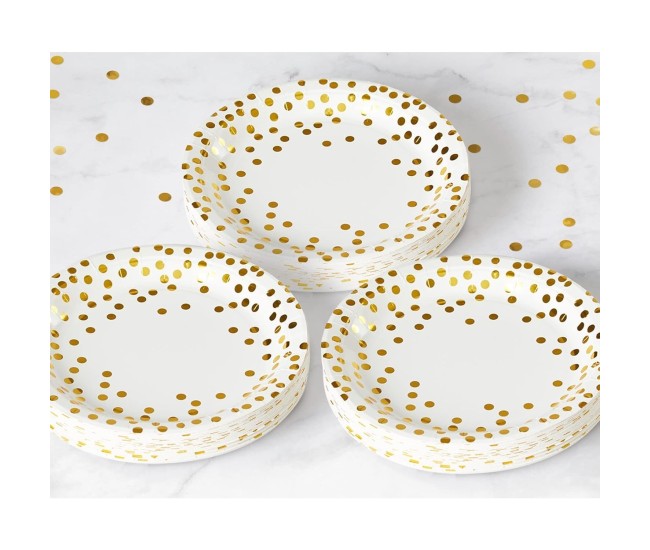 Set 10 Farfurii Unica Folosinta, Flippy, Imprimeu cu Buline, din Carton, Diametru 23 cm, Alb/Auriu Set 10 Farfurii Unica Folosinta, Flippy, Imprimeu cu Buline, din Carton, Diametru 23 cm, Alb/Auriu