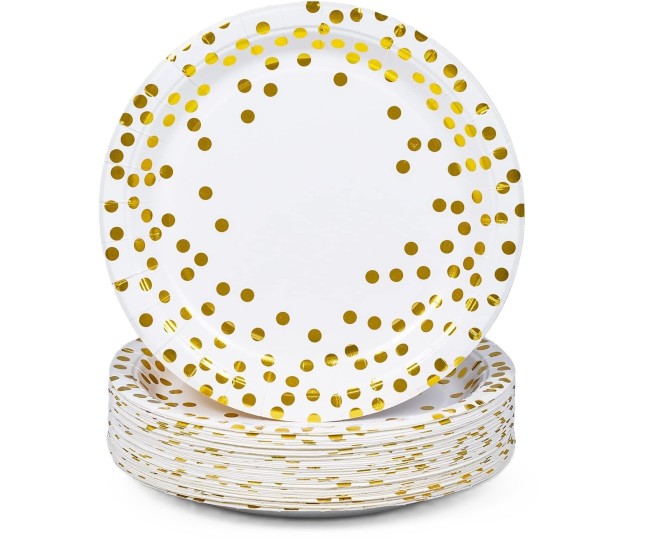 Set 10 Farfurii Unica Folosinta, Flippy, Imprimeu cu Buline, din Carton, Diametru 23 cm, Alb/Auriu Set 10 Farfurii Unica Folosinta, Flippy, Imprimeu cu Buline, din Carton, Diametru 23 cm, Alb/Auriu