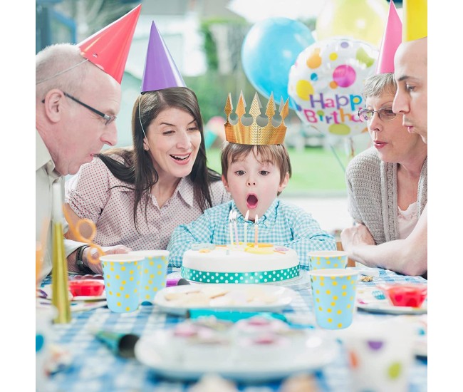 Set 10 Farfurii Unica Folosinta, Flippy, Imprimeu cu Buline, din Carton, Diametru 23 cm, Albastru/Auriu