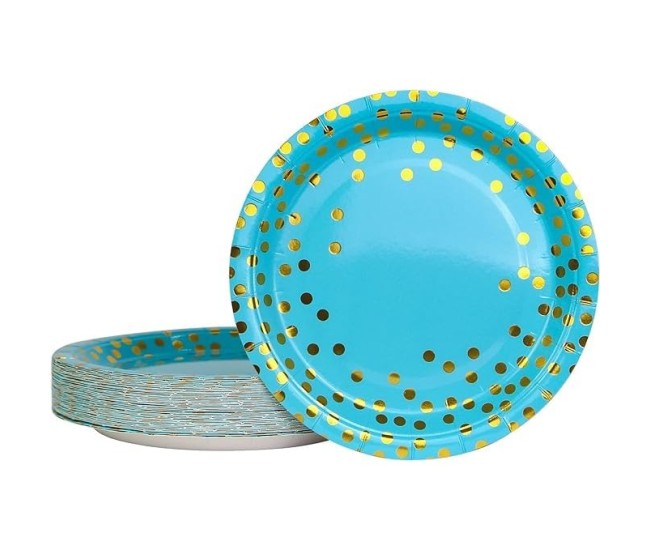 Set 10 Farfurii Unica Folosinta, Flippy, Imprimeu cu Buline, din Carton, Diametru 23 cm, Albastru/Auriu