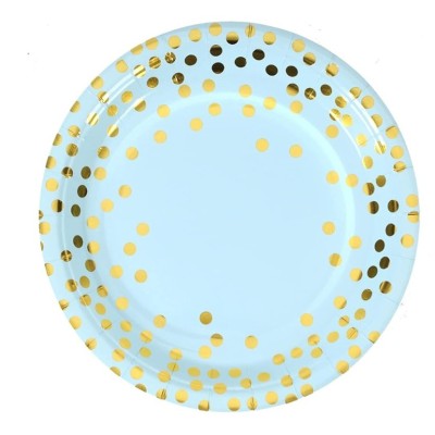 Set 10 Farfurii Unica Folosinta, Flippy, Imprimeu cu Buline, din Carton, Diametru 23 cm, Albastru/Auriu