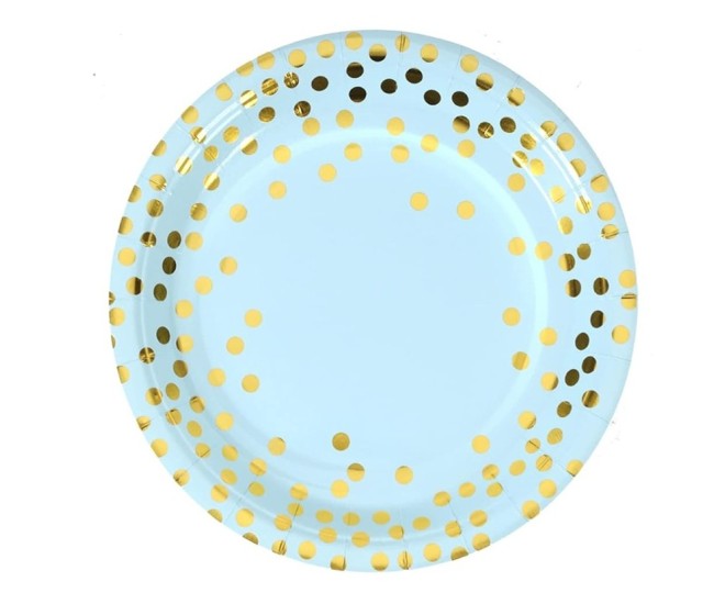 Set 10 Farfurii Unica Folosinta, Flippy, Imprimeu cu Buline, din Carton, Diametru 23 cm, Albastru/Auriu