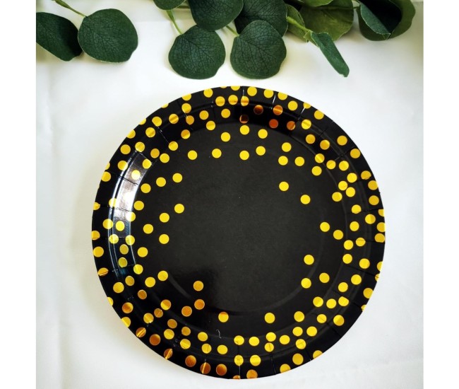 Set 10 Farfurii Unica Folosinta, Flippy, Imprimeu cu Buline, din Carton, Diametru 23 cm, Negru/Auriu Set 10 Farfurii Unica Folosinta, Flippy, Imprimeu cu Buline, din Carton, Diametru 23 cm, Negru/Auriu