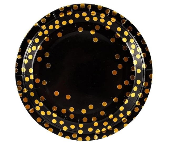 Set 10 Farfurii Unica Folosinta, Flippy, Imprimeu cu Buline, din Carton, Diametru 23 cm, Negru/Auriu Set 10 Farfurii Unica Folosinta, Flippy, Imprimeu cu Buline, din Carton, Diametru 23 cm, Negru/Auriu