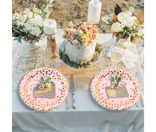 Set 10 Farfurii Unica Folosinta, Flippy, Imprimeu cu Buline, din Carton, Diametru 23 cm, Roz/Auriu Set 10 Farfurii Unica Folosinta, Flippy, Imprimeu cu Buline, din Carton, Diametru 23 cm, Roz/Auriu