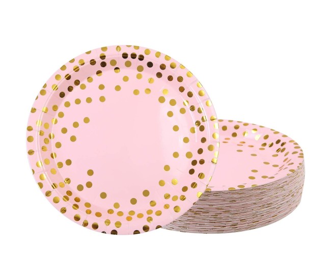Set 10 Farfurii Unica Folosinta, Flippy, Imprimeu cu Buline, din Carton, Diametru 23 cm, Roz/Auriu Set 10 Farfurii Unica Folosinta, Flippy, Imprimeu cu Buline, din Carton, Diametru 23 cm, Roz/Auriu