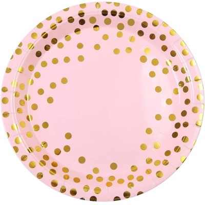 Set 10 Farfurii Unica Folosinta, Flippy, Imprimeu cu Buline, din Carton, Diametru 23 cm, Roz/Auriu