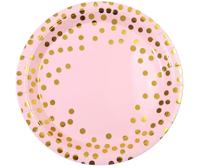 Set 10 Farfurii Unica Folosinta, Flippy, Imprimeu cu Buline, din Carton, Diametru 23 cm, Roz/Auriu Set 10 Farfurii Unica Folosinta, Flippy, Imprimeu cu Buline, din Carton, Diametru 23 cm, Roz/Auriu