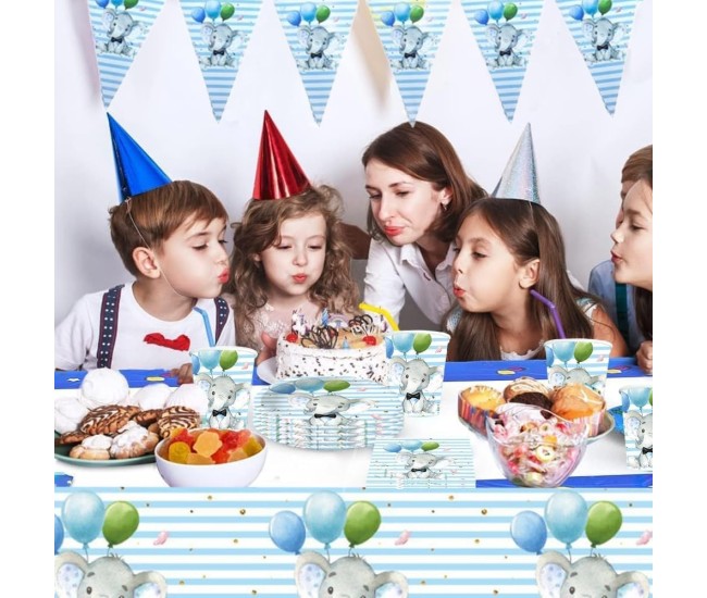 Set 10 Farfurii Unica Folosinta, Flippy, Imprimeu Elefant, din Carton, 22 cm, Albastru