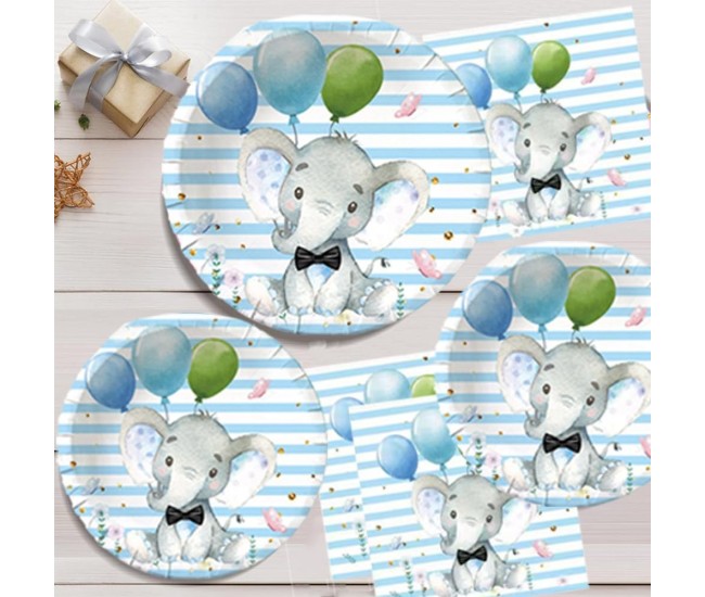 Set 10 Farfurii Unica Folosinta, Flippy, Imprimeu Elefant, din Carton, 22 cm, Albastru