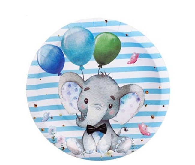 Set 10 Farfurii Unica Folosinta, Flippy, Imprimeu Elefant, din Carton, 22 cm, Albastru