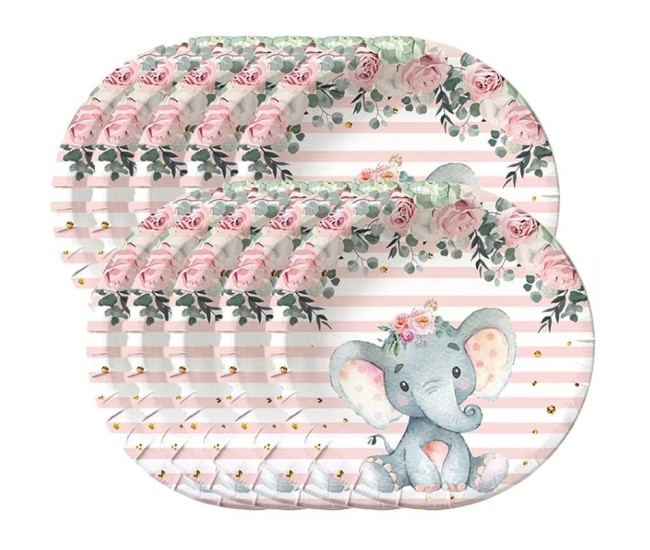 Set 10 Farfurii Unica Folosinta, Flippy, Imprimeu Elefant, din Carton, 22 cm, Roz