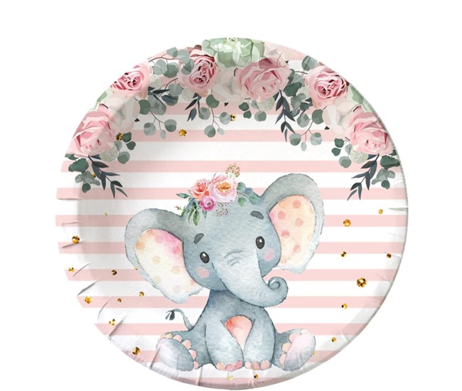 Set 10 Farfurii Unica Folosinta, Flippy, Imprimeu Elefant, din Carton, 22 cm, Roz
