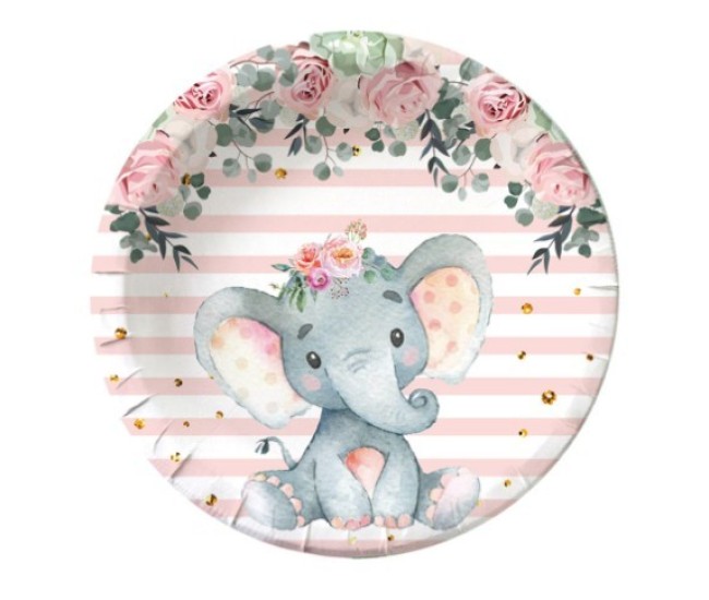 Set 10 Farfurii Unica Folosinta, Flippy, Imprimeu Elefant, din Carton, 22 cm, Roz