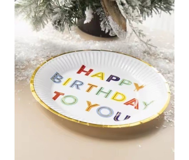 Set 10 Farfurii Unica Folosinta, Flippy, Imprimeu Happy Birthday, din Carton, Diametru 18 cm, Alb
