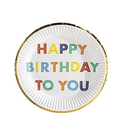 Set 10 Farfurii Unica Folosinta, Flippy, Imprimeu Happy Birthday, din Carton, Diametru 18 cm, Alb