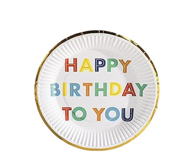 Set 10 Farfurii Unica Folosinta, Flippy, Imprimeu Happy Birthday, din Carton, Diametru 18 cm, Alb