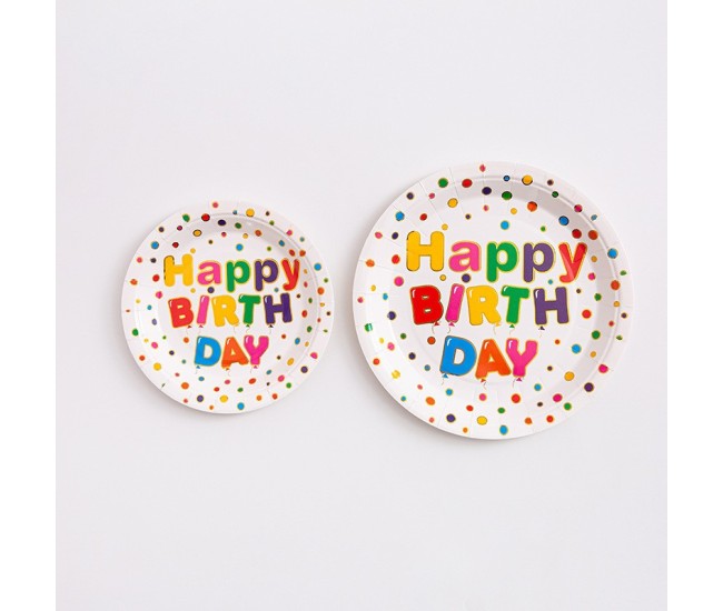 Set 10 Farfurii Unica Folosinta, Flippy, Imprimeu Happy Birthday, din Carton, Diametru 23 cm, Multicolor
