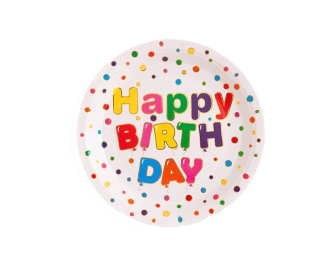 Set 10 Farfurii Unica Folosinta, Flippy, Imprimeu Happy Birthday, din Carton, Diametru 23 cm, Multicolor