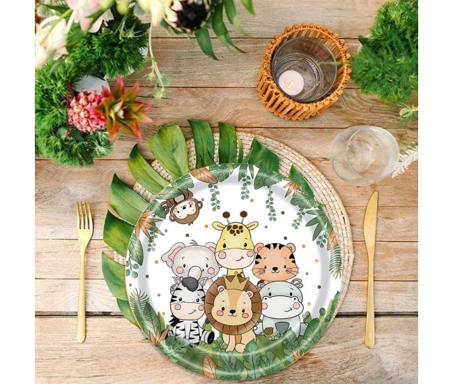 Set 10 Farfurii Unica Folosinta, Flippy, Imprimeu Jungle, din Carton, 22 cm, Verde