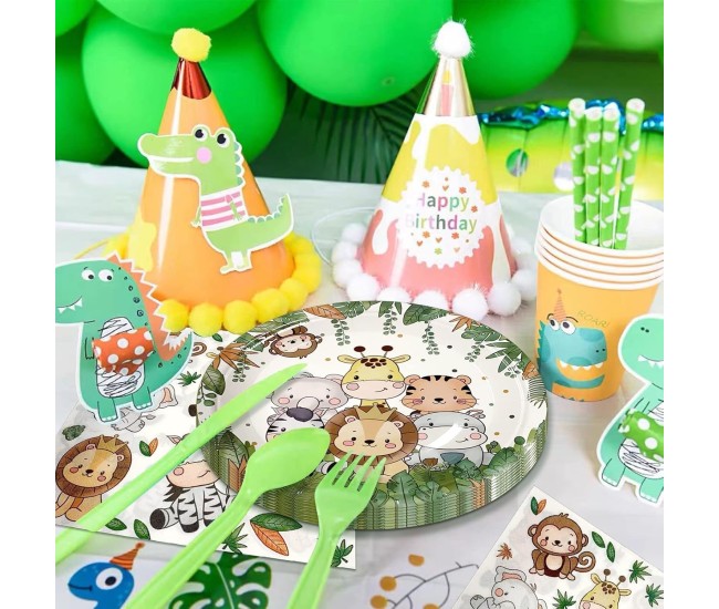 Set 10 Farfurii Unica Folosinta, Flippy, Imprimeu Jungle, din Carton, 22 cm, Verde