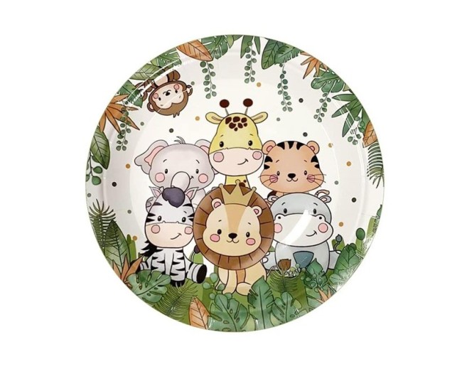 Set 10 Farfurii Unica Folosinta, Flippy, Imprimeu Jungle, din Carton, 22 cm, Verde