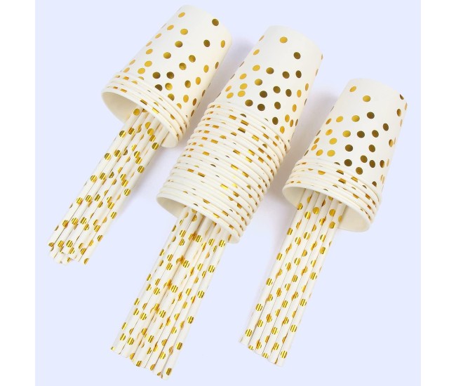 Set 10 Pahare, Flippy, Imprimeu cu Buline, din Carton, 250 ml, 7.5 x 8.5 x 5.2 cm, Auriu