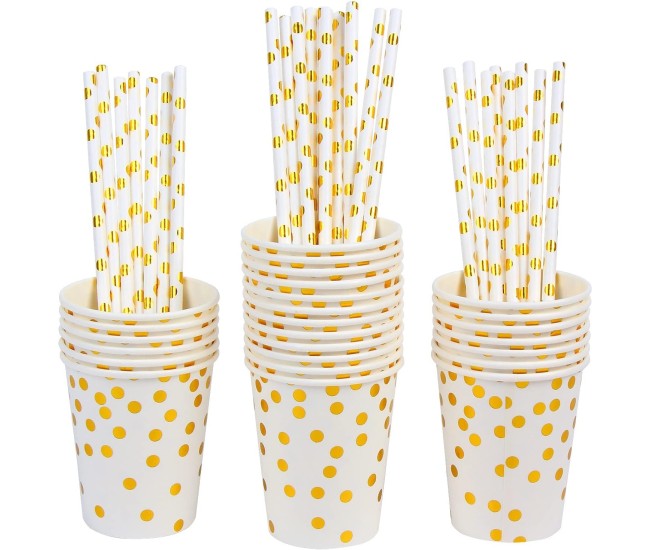 Set 10 Pahare, Flippy, Imprimeu cu Buline, din Carton, 250 ml, 7.5 x 8.5 x 5.2 cm, Auriu