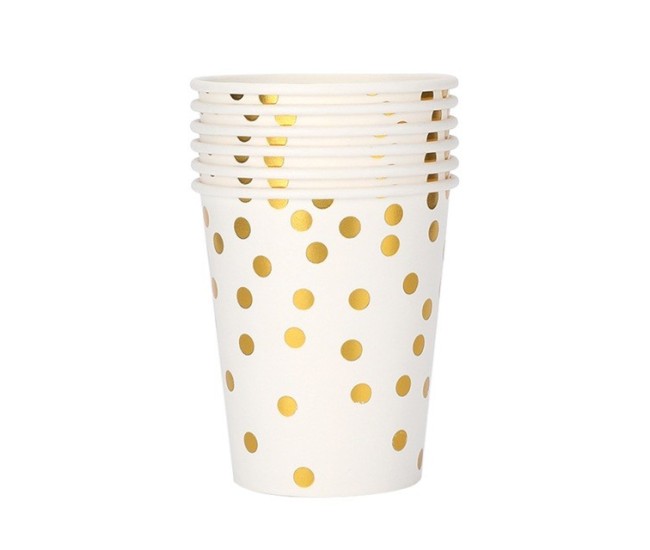 Set 10 Pahare, Flippy, Imprimeu cu Buline, din Carton, 250 ml, 7.5 x 8.5 x 5.2 cm, Auriu