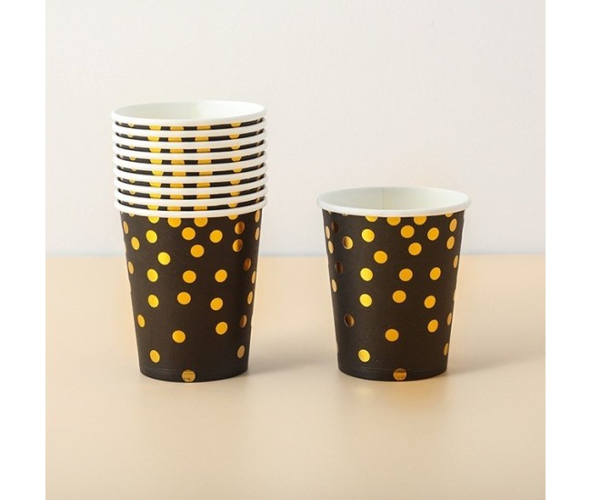 Set 10 Pahare, Flippy, Imprimeu cu Buline, din Carton, 250 ml, 7 x 8.5 x 5 cm, Negru/Auriu