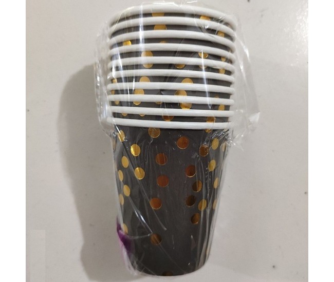 Set 10 Pahare, Flippy, Imprimeu cu Buline, din Carton, 250 ml, 7 x 8.5 x 5 cm, Negru/Auriu