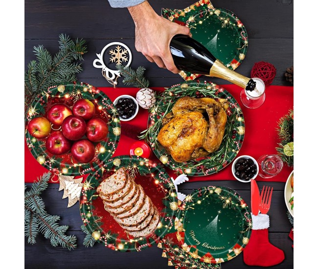 Set 119 Piese, Flippy, pentru Masa de Craciun, Farfurii 18 cm, Farfurii 23 cm, Pahare, Servetele, Tacamuri, Fata de Masa, Ghirlanda, Paie, Rosu/Verde