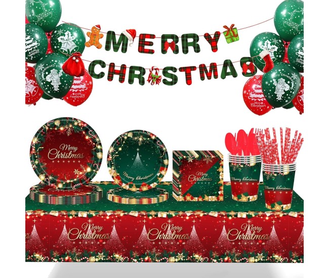 Set 119 Piese, Flippy, pentru Masa de Craciun, Farfurii 18 cm, Farfurii 23 cm, Pahare, Servetele, Tacamuri, Fata de Masa, Ghirlanda, Paie, Rosu/Verde