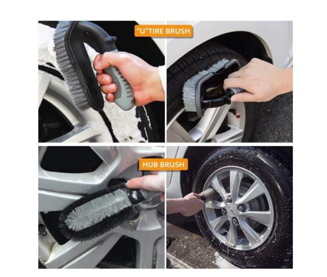 Set 10 Piese pentru Spalat Auto, Flippy, din Plastic si Microfibra, Perii si Lavete, Model C, Gri Set 10 Piese pentru Spalat Auto, Flippy, din Plastic si Microfibra, Perii si Lavete, Model C, Gri