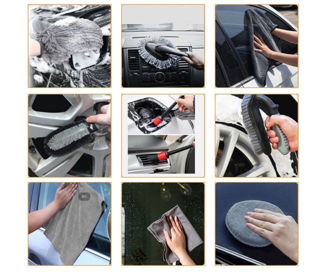 Set 10 Piese pentru Spalat Auto, Flippy, din Plastic si Microfibra, Perii si Lavete, Model C, Gri Set 10 Piese pentru Spalat Auto, Flippy, din Plastic si Microfibra, Perii si Lavete, Model C, Gri