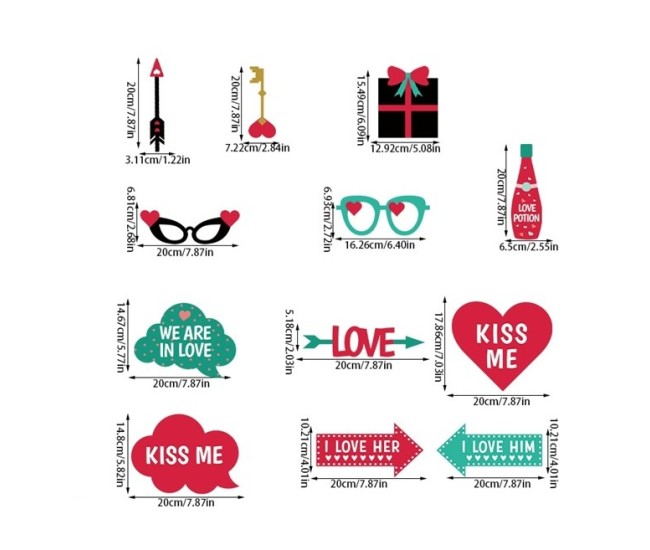 Set 12 Accesorii pentru Petrecere, Flippy, Props pentru Photo Corner, Tematica Iubire, Multicolor