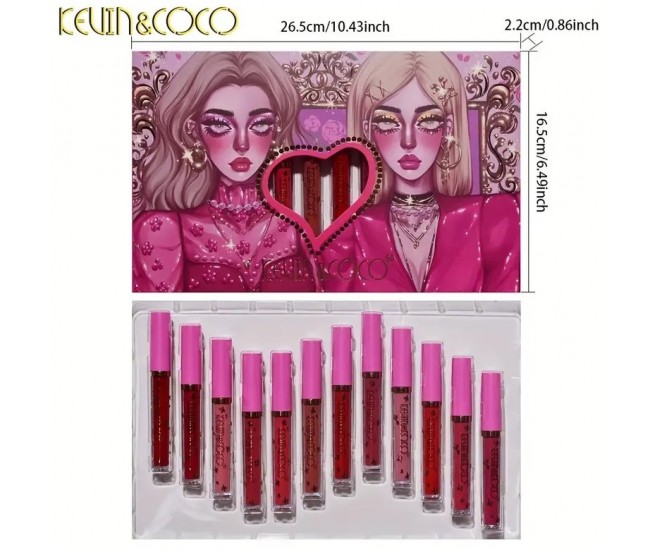 Set 12 Lip Gloss Kevin&Coco, nuante de rosu, rose, nude, cutie dreptunghiulara, 26.5x16.5x2.2 cm, 200 g, multicolor Set 12 Lip Gloss Kevin&Coco, nuante de rosu, rose, nude, cutie dreptunghiulara, 26.5x16.5x2.2 cm, 200 g, multicolor