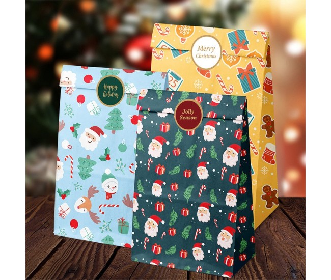 Set 12 Pungi de Cadou, Flippy, Tema Craciun, cu Motive Festive, 12 Stickere Incluse, 24 x 13 x 8 cm, din Hartie, Multicolor