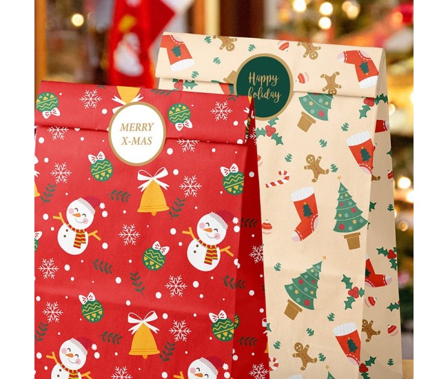 Set 12 Pungi de Cadou, Flippy, Tema Craciun, cu Motive Festive, 12 Stickere Incluse, 24 x 13 x 8 cm, din Hartie, Multicolor