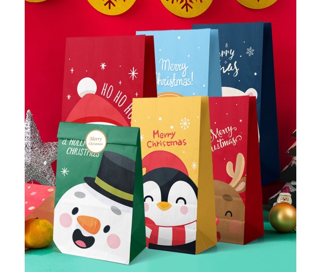 Set 12 Pungi de Cadou, Flippy, Tema Craciun, cu Personaje, 12 Stickere Incluse, 24 x 13 x 8 cm, din Hartie, Multicolor