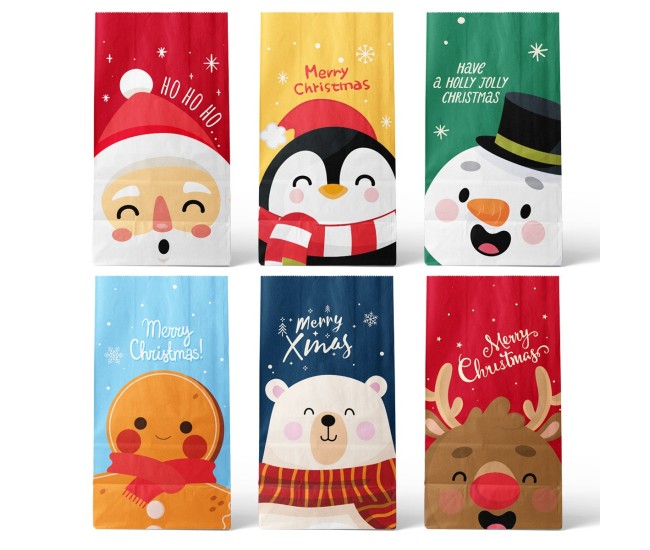 Set 12 Pungi de Cadou, Flippy, Tema Craciun, cu Personaje, 12 Stickere Incluse, 24 x 13 x 8 cm, din Hartie, Multicolor