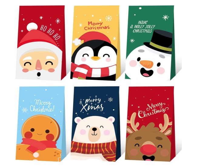 Set 12 Pungi de Cadou, Flippy, Tema Craciun, cu Personaje, 12 Stickere Incluse, 24 x 13 x 8 cm, din Hartie, Multicolor