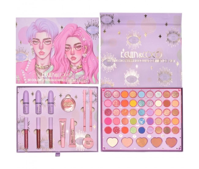 Set 13 piese cosmetice Kevin&Coco, 6 Lip Gloss, 2 Gloss drip, Ceara sprancene, Crema blus, Creion , paleta farduri 50 culori nuante rose/nude/maro, cutie patrata, multicolor Set 13 piese cosmetice Kevin&Coco, 6 Lip Gloss, 2 Gloss drip, Ceara sprancene, Crema blus, Creion , paleta farduri 50 culori nuante rose/nude/maro, cutie patrata, multicolor
