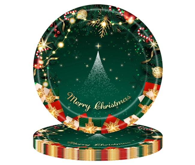 Set 16 Farfurii de Unica Folosinta, Flippy, Model Brad de Craciun Merry Christmas, Tematica Craciun, 18 cm, Verde