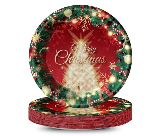 Set 16 Farfurii de Unica Folosinta, Flippy, Model Brad de Craciun Merry Christmas, Tematica Craciun, 23 cm, Rosu/Verde Set 16 Farfurii de Unica Folosinta, Flippy, Model Brad de Craciun Merry Christmas, Tematica Craciun, 23 cm, Rosu/Verde